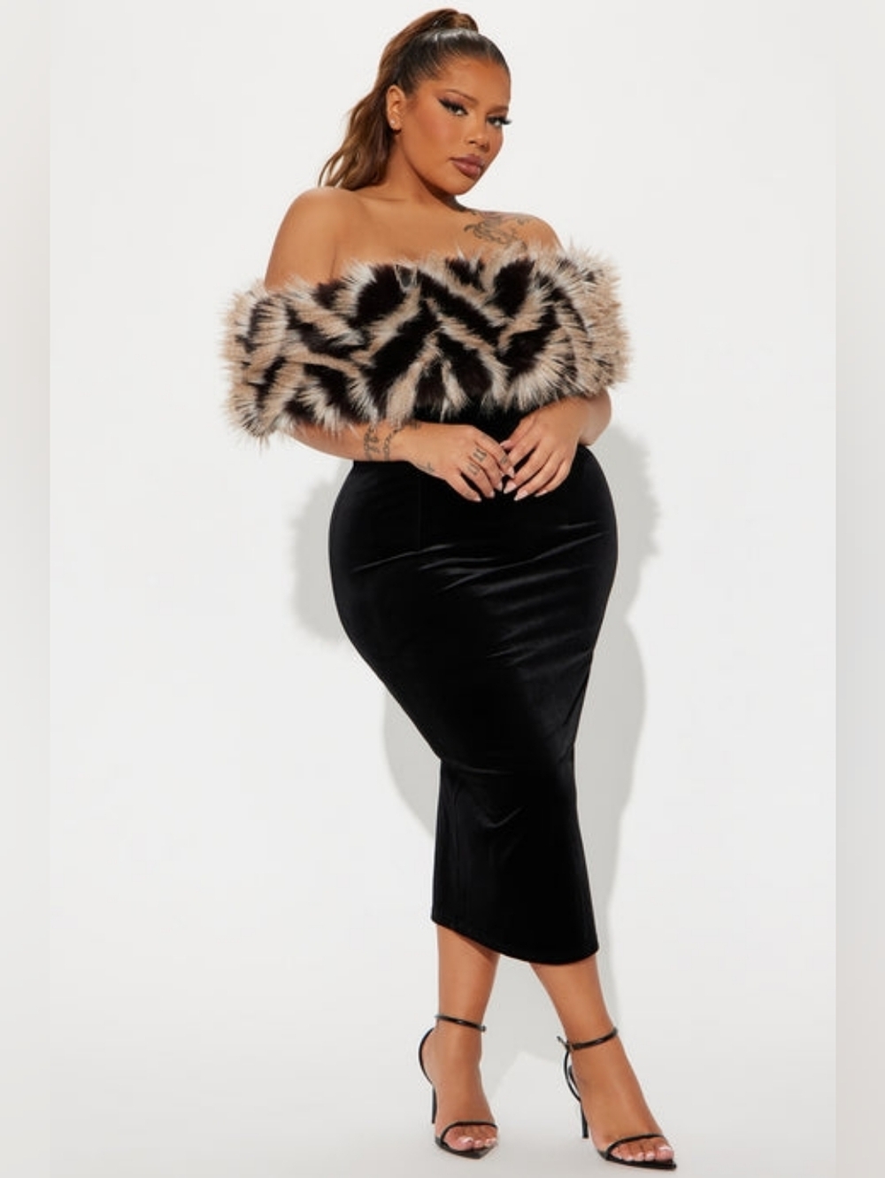 Brand New 3X Faux Fur Diva Energy Black Velvet Midi Dress